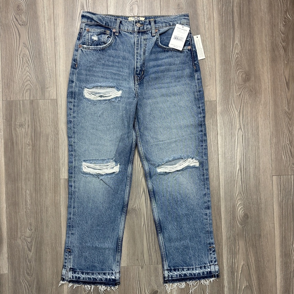 Free People Lita Light Wash Distressed Jeans - SIZE 28 Cropped Straight Leg